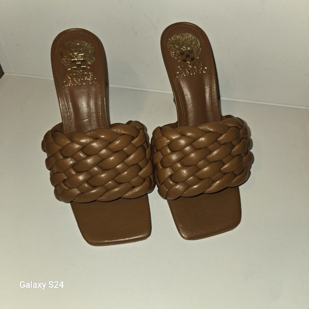 Vince Camuto Brinela Mule Heels | Barn Brown Woven Leather |Square Toe - Picture 2 of 7